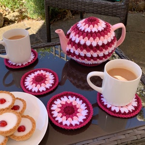 Tea Cosy Crochet Pattern Bundle - Crochet Tea Set with 3 different patterns, Tea Cosy, Crochet Coaster & Mason Jar Cosy