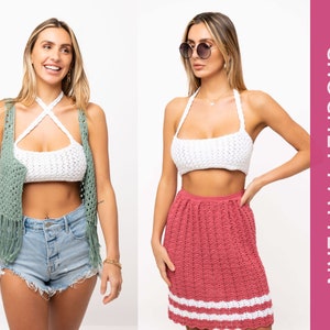 Könnte beinhalten: Zwei Frauen tragen gehäkelte Oberteile. Die Frau links trägt ein weißes gehäkeltes Halstuch mit einer grünen gehäkelten Weste. Die Frau rechts trägt ein weißes gehäkeltes Halstuch und einen rosa gehäkelten Rock mit weißen Streifen.