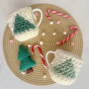 Christmas Tree Crochet Mug Cozy Pattern with link to video tutorial