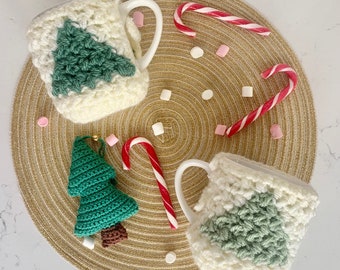 Christmas Tree Crochet Mug Cozy Pattern with link to video tutorial