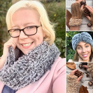 May include: A set of three crocheted winter accessories: a gray and white fuzzy neck warmer, a brown crocheted headband with a fuzzy trim, and a pair of brown crocheted fingerless gloves with fuzzy cuffs.