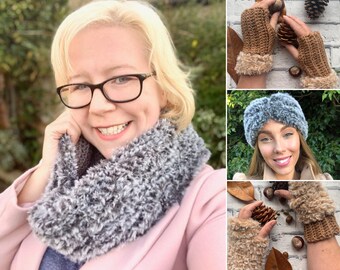 4 Crochet Pattern Bundle using Faux Fur - includes Wrist Warmers, Fingerless Gloves Faux Fur Cowl & Faux Fur Headband