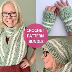 May include: Crochet pattern bundle featuring a green and white striped hat, scarf, and fingerless gloves.  "CROCHET PATTERN BUNDLE" is written in pink on a white circle.