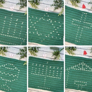 May include: A step-by-step guide to crocheting a Christmas tree using green yarn. The image shows six stages of the process, with each stage showing a different level of completion.