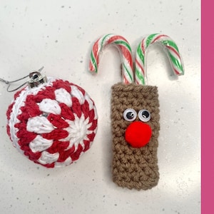 2 Crochet Christmas Ornament Pattern bundle for beginners, Reindeer Candy Cane Holder and Bauble Cover included