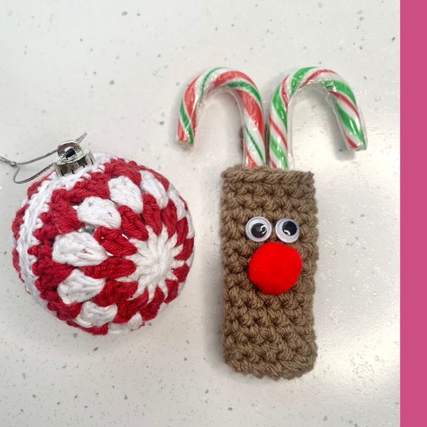 2 Crochet Christmas Ornament Pattern bundle for beginners, Reindeer Candy Cane Holder and Bauble Cover included