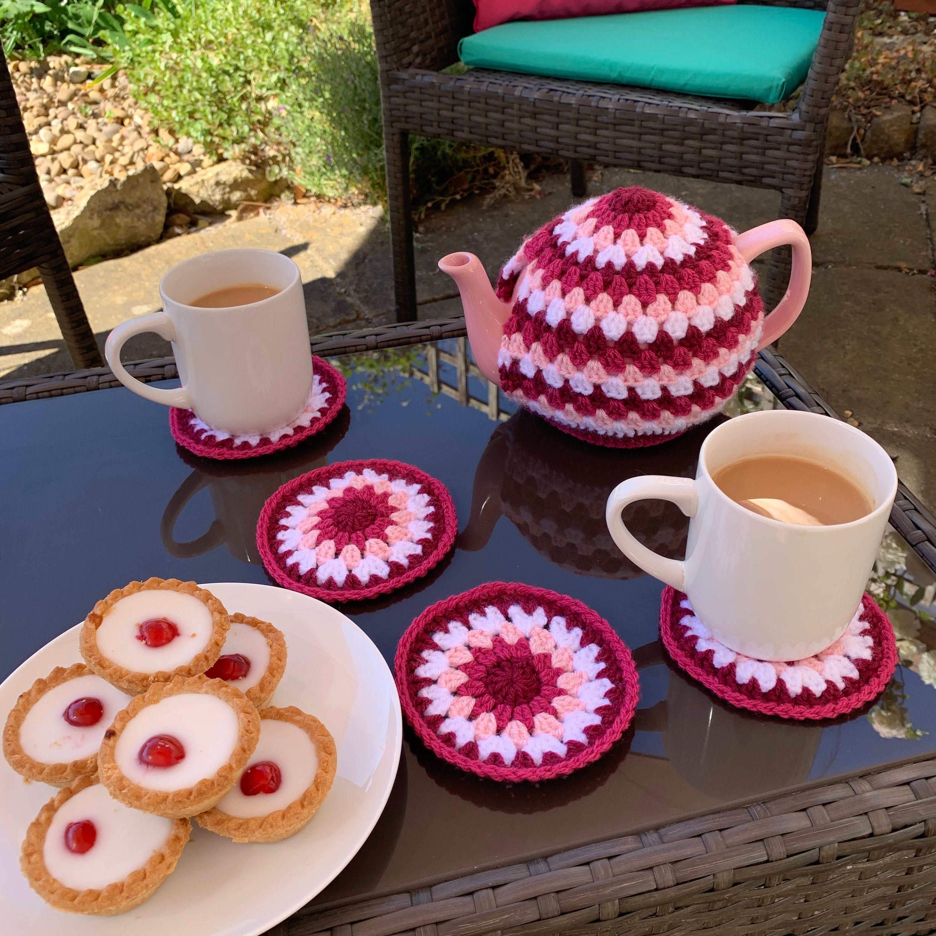 Tea Cosy Crochet Pattern Bundle - Crochet Tea Set with 3 different patterns, Tea Cosy, Crochet Coaster & Mason Jar Cosy