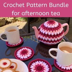 Crochet Pattern Bundle - Afternoon tea teapot cosy pattern with matching coasters and jar cosy