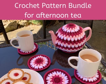 Crochet Pattern Bundle - Afternoon tea teapot cosy pattern with matching coasters and jar cosy