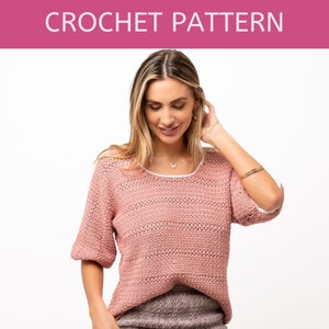 Womans Easy Summer Crochet Sweater Pattern with lace sleeves, suitable for beginners