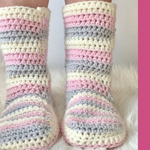 May include: Crochet pattern for striped slipper socks in pink, gray, and cream.