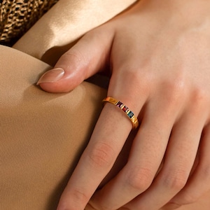 Custom Birthstone Ring: Dainty Baguette Gemstone Jewelry