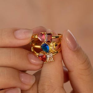 Toi et Moi Gemstone Ring - Emerald & Pear Cut Birthstone Ring - 2 Birthstone Ring - Baguette Birthstone Ring - 1 Year Anniversary Gift