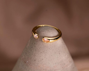 Custom Two Stone Open Birthstone Ring, 18K Gold Adjustable Cuff Ring, Personalized Dual Family Birthstone Ring, Anniversary Gifts for Her