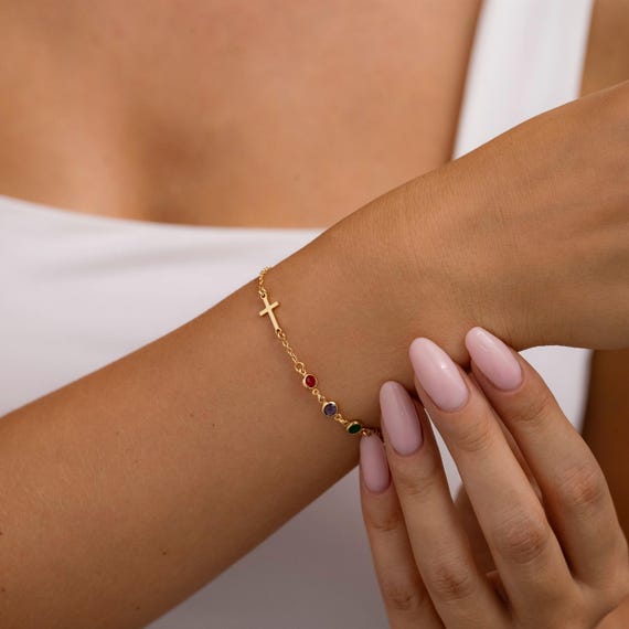Birthstone Cross Bracelet, 14K Gold Cross Bracelet with Birthstone Birthstone Jewelry, Baptism Gift, Confirmation Gift, Easter Gift