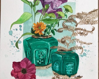 Gember potten stilleven, aquarel, bloemen, schilderij, voorjaar, originele aquarel