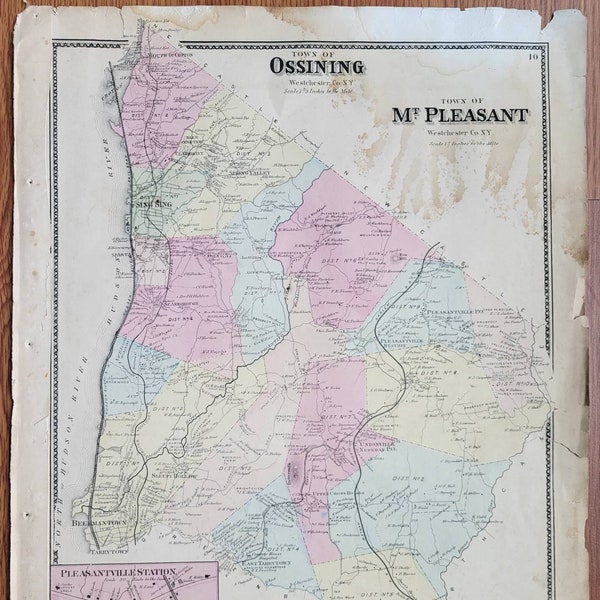 1867, Mt Pleasant, Ossining, New York, Westchester County, Color, Map, Sing Sing, Hudson River, 15" x 18", Historical, Wall Hanging