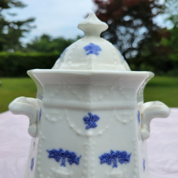 1890's, Vintage, Adderley, Large, Covered, Sugar Bowl, Embossed, Chelsea, Blue Grape, Bone China, Farmhouse Decor, Poorman's Wedgewood