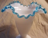 Vintage, Fenton Glass, Aqua Crest 1924 Vase, Trumpet Vase, Footed Compote, White milk glass body with turquoise aqua double crimp rim