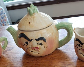 Whimsical, Angry Onion/Garlic Tea Set, Tea Pot, Creamer, Sugar Bowl, MCM, Hand Painted, Made in Japan, Onion, Lover, Love, Kitschy