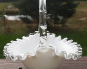 Fenton Silvercrest Basket, Candy Dish, Compote, Footed, White and Clear Ribbon, Double Ruffled Milk Glass Clear Edge Vintage