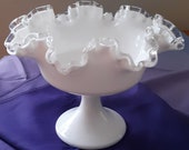 Fenton Silvercrest Bowl, Candy Dish, Compote, Footed, White and Clear Ribbon, Double Ruffled Milk Glass Clear Edge Vintage