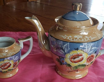 Periwinkle Blue Vintage Japanese Blue Floral Lusterware Hand Painted Teapot Orange