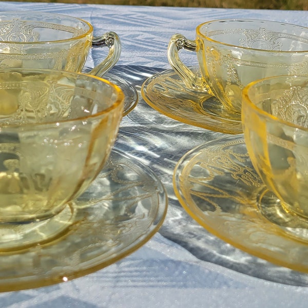 1930's, Anchor Hocking, Yellow, Topaz, Glass, Cameo, Ballerina, Cup, Cups, Saucer, Saucers, Depression Glass, Kitchen, Decor, Gift, For Her