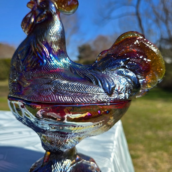 Carnival Glass, Covered, Rooster, Iridescent, Red, Amber, Amberina, Root Beer, Glass, Westmoreland Glass, Standing, Candy Dish, Hen on Nest