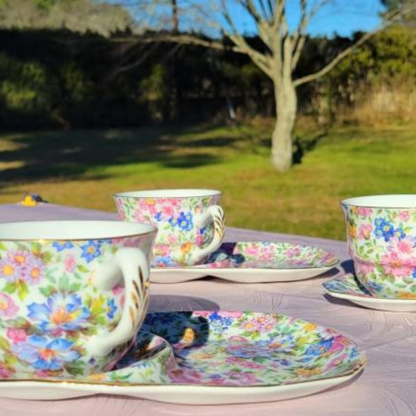 Beautiful, Vintage, Chintz, Teacup, Biscuit, Set, 22K Trim, Tidbit, Cookie, Tray, Floral Design, Teatime, Christmas, Gift, For, Her, Mom