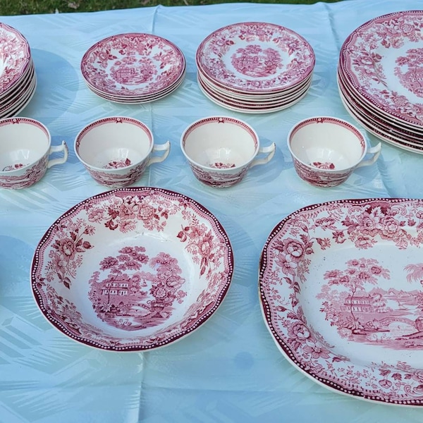 Royal Staffordshire, Tonquin, Clarice Cliff, Red, Pink, Transferware, Dinnerware, 1950's, Dinner, Bread, Plates, Bowls, Cups, Platter