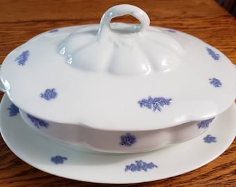 1900's, Vintage, Adderley, Oval Covered Vegetable, With Underplate, Chelsea, Blue Grape, Bone China, Farmhouse Decor, Poorman's Wedgewood