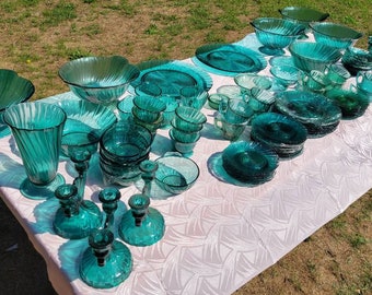 1930's, Jeannette Glass, Swirl, Ultramarine, Teal, Dinner, Luncheon, Plates, Cups, Saucers, Creamer, Sugar, Double Candlestick, Footed, Bowl