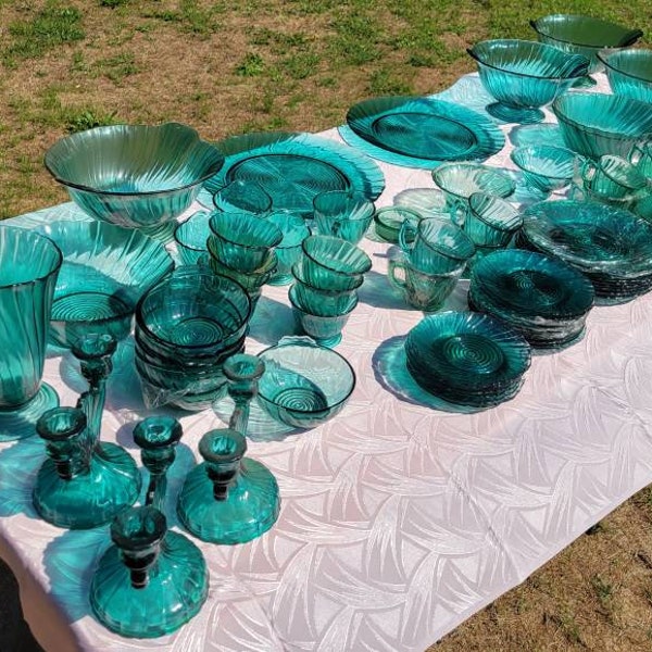 1930's, Jeannette Glass, Swirl, Ultramarine, Teal, Dinner, Luncheon, Plates, Cups, Saucers, Creamer, Sugar, Double Candlestick, Footed, Bowl