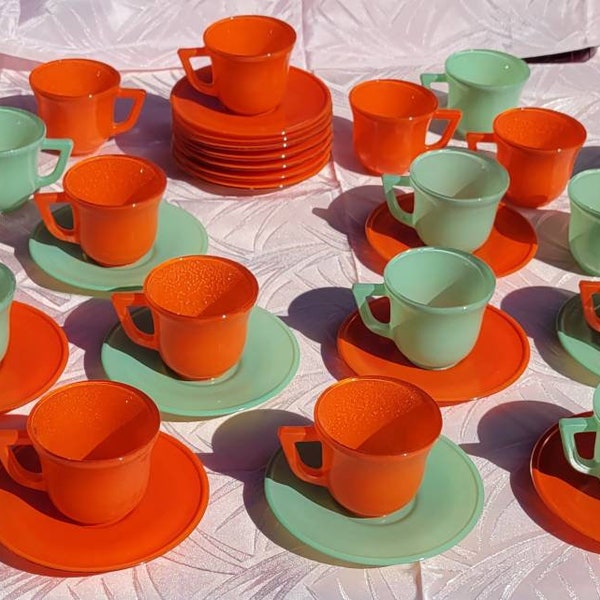 Hazel Atlas, "Little Hostess", New Century, Style, Ovide, Platonite, Children's, Coffee/Tea, Cup, Saucer, Orange, Jade, Green, Demitasse