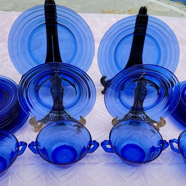 Hazel Atlas, Moderntone, Cobalt, Ritz, Blue, Glass, Dinner Plates, Salad Plates, Cream Soup Bowls, Dinner Ware, Depression Glass, 1930's