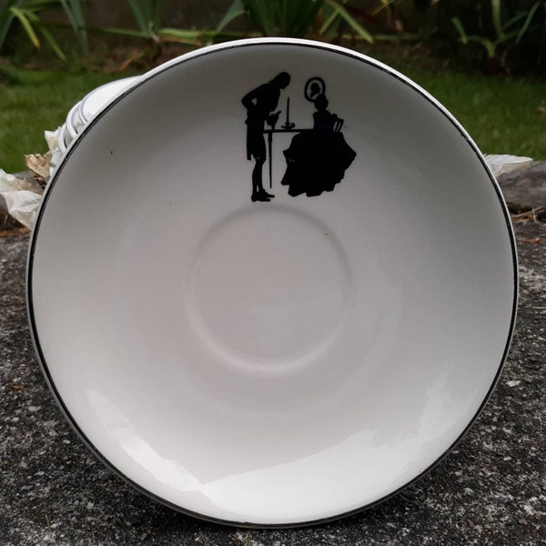 Harker Pottery, Black and White, Dinnerware, Black & White Kitchen, Black Silhouette, Colonial Lady, Platinum Trim, Saucers, Saucer, 1940s