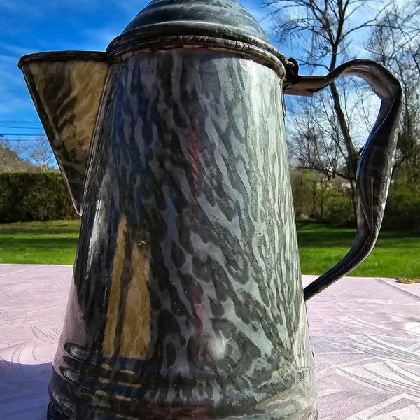 Enamelware, Graniteware, Grey, Coffee Pot, Mottled, French Country, Rustic, Primitive, Farmhouse, Kitchen, Decor, Flower Pot