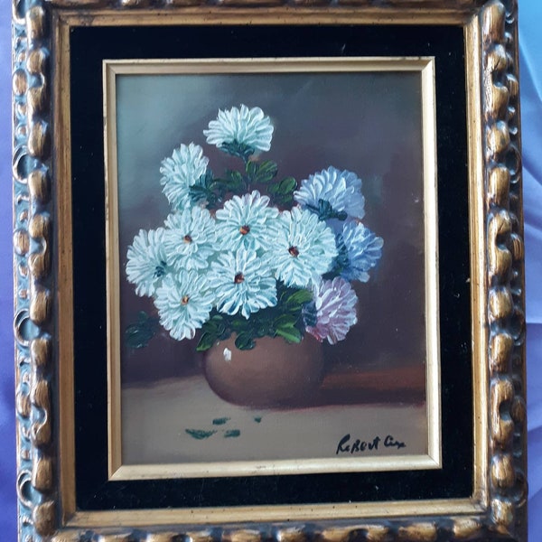 Zinnias, Floral Still Life, Oil on Canvas, Signed, Robert Cox, Framed, Pallet knife, c 1979, Carnations, Daisies