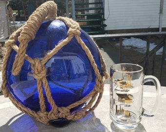 Hand Fishing Net Blown Glass Vintage Float Nautical Antique Amber Cobalt Buoy 