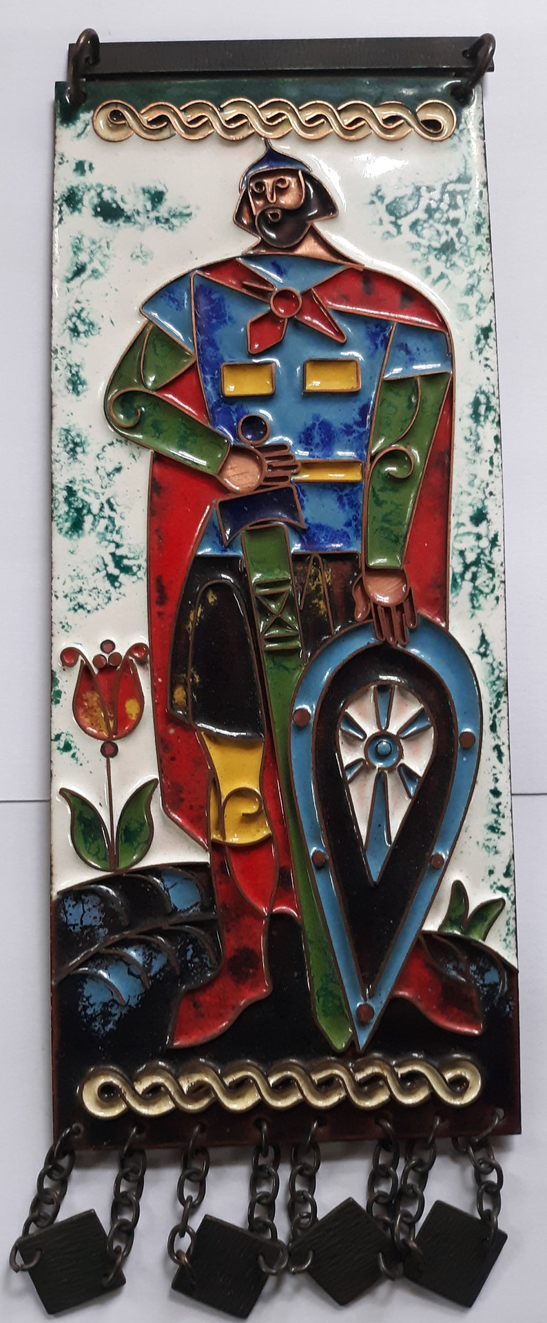 Russian Cloisonne Copper Wall Plaque Russian Enamel Wall Hanging Repouss\u00e9 Copper Enamel Plaque Copper Relief Dobrynya Nikitich