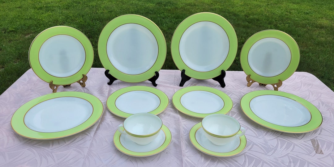 Retro Pyrex Lime Green Gold Trim Dinner Plates Salad Etsy