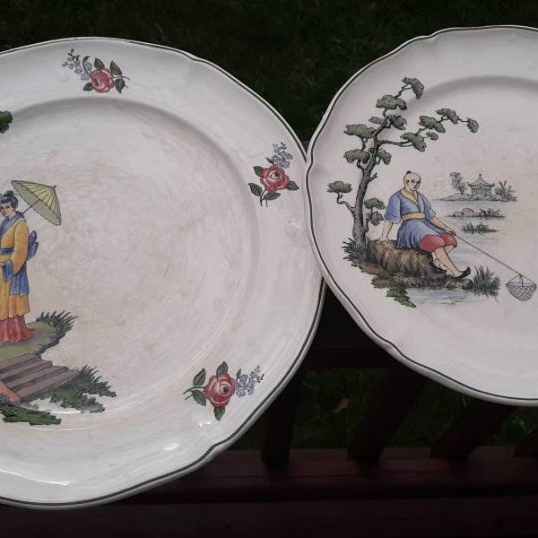 Rare, German Porcelain Chinese Export Style Platter Footed Cake Plate, Earthenware, Oriental Motif, Asian Motif, Villeroy & Boch, Mettlach
