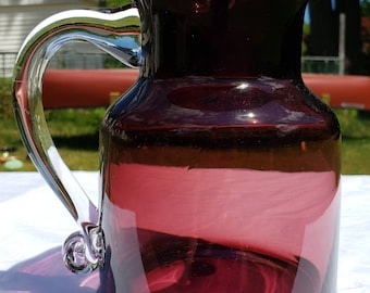 Amethyst Glass, Pitcher, Water Pitcher, Applied Handle, Art Noveau, Blown Glass, Art Glass, Burgundy, Barware, Drinkware