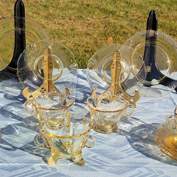 1930s, Heisey Glass, Empress, Sahara, Salad Plates, Saucers, Coffee/Tea Cups, Open Sugar, Yellow Glass, Wedding, Gift, For Her, Elegant Glas