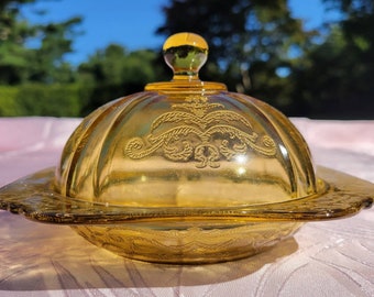 1930's, Federal Glass, Covered, Butter Dish, Madrid, Golden, Amber, Domed, Depression Glass, Collectible, Kitchen Decor