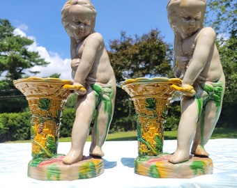 Cherub Adorned, Minton Fashioned, Majolica, Basket Vases, Pair, 11" Tall, Glazed