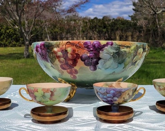 Exquisite, Victorian, Punch Bowl, Set, Hand Painted, Tressemann and Vogt, Limoge, Cups, Undercups, Gold Encrusted, Grape Pattern, Signed