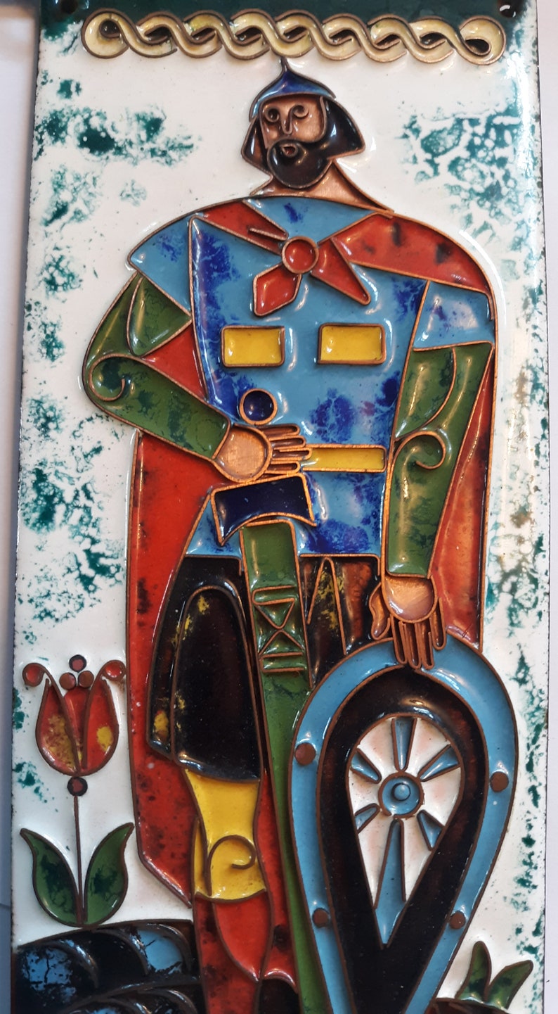 Russian Cloisonne Copper Wall Plaque Russian Enamel Wall Hanging Repouss\u00e9 Copper Enamel Plaque Copper Relief Dobrynya Nikitich