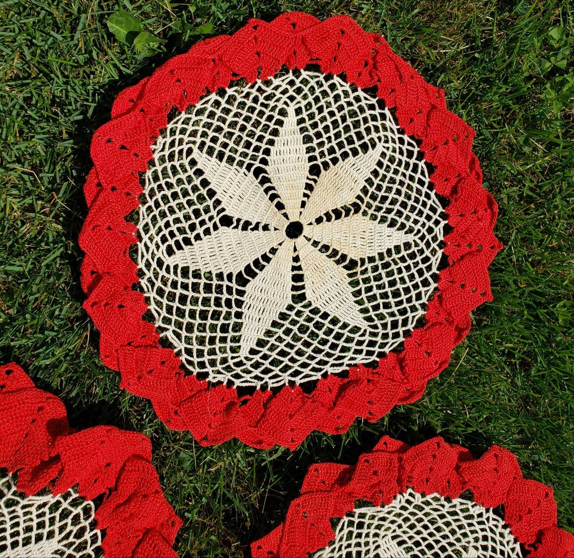 Set of Doilies Red &amp; White Handmade Doilies Lace Doilies - Etsy